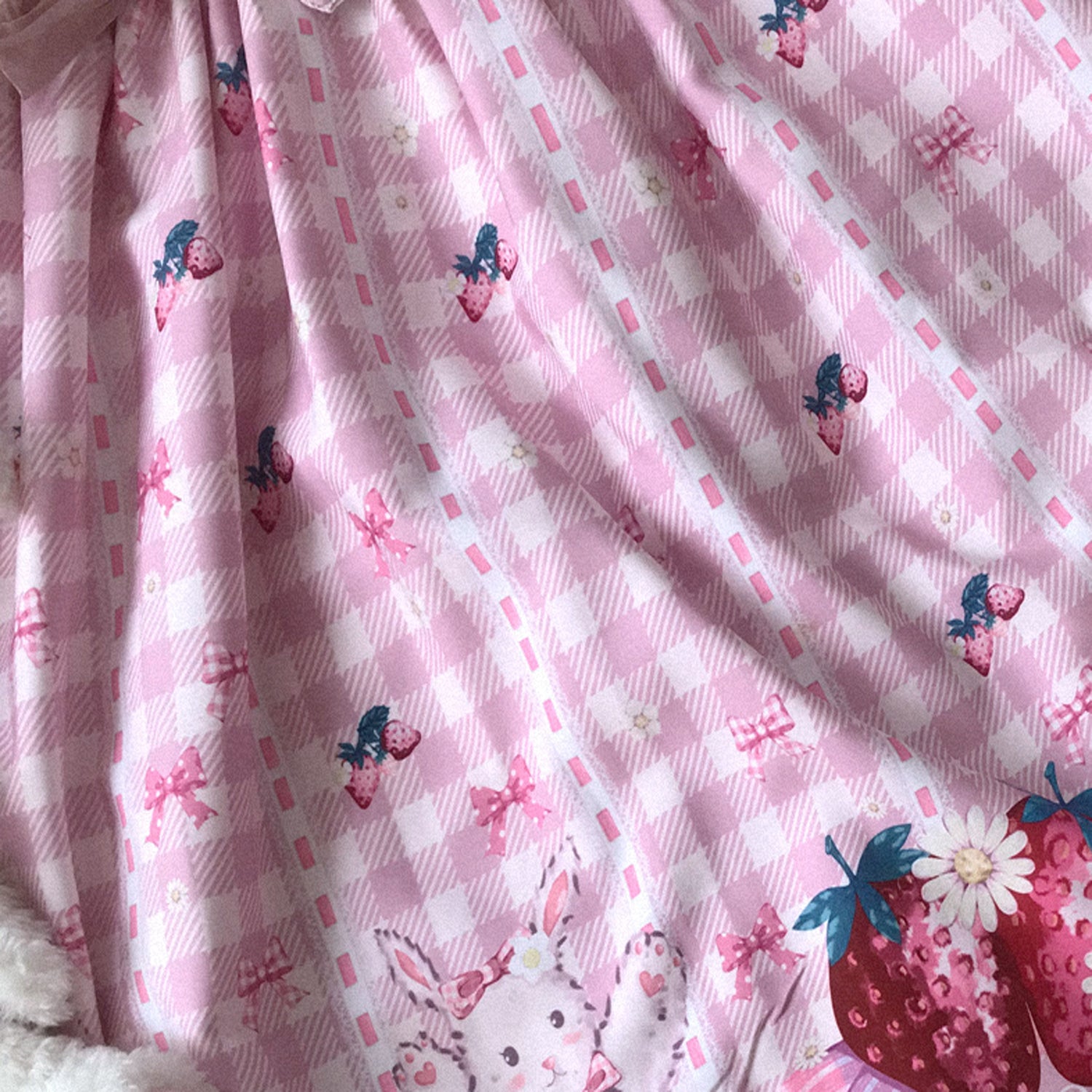 Kawaii Rabbit Strawberry Plaid Lolita JSK Dress with Gingham Print Lace Trim